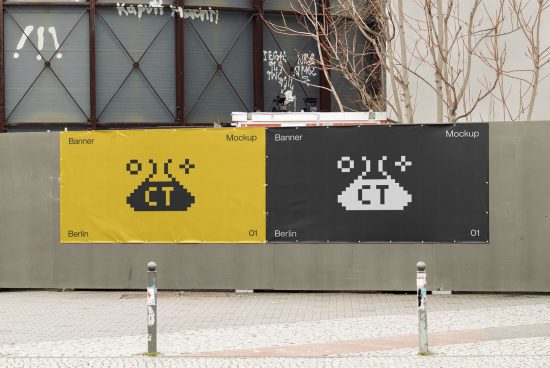 Pixel art game spaceship banners in yellow and black displayed on urban fence, great as mockup designs for tech or gaming projects.